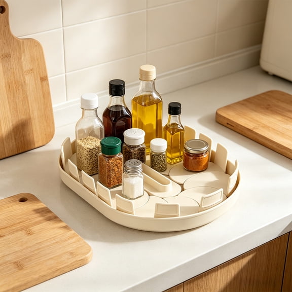 Beige 360 Degree Rotating Storage Turntable, 13 Inch Oval Fridge Organizer Tray, Adjustable Divider for Condiment Bottles and Sp