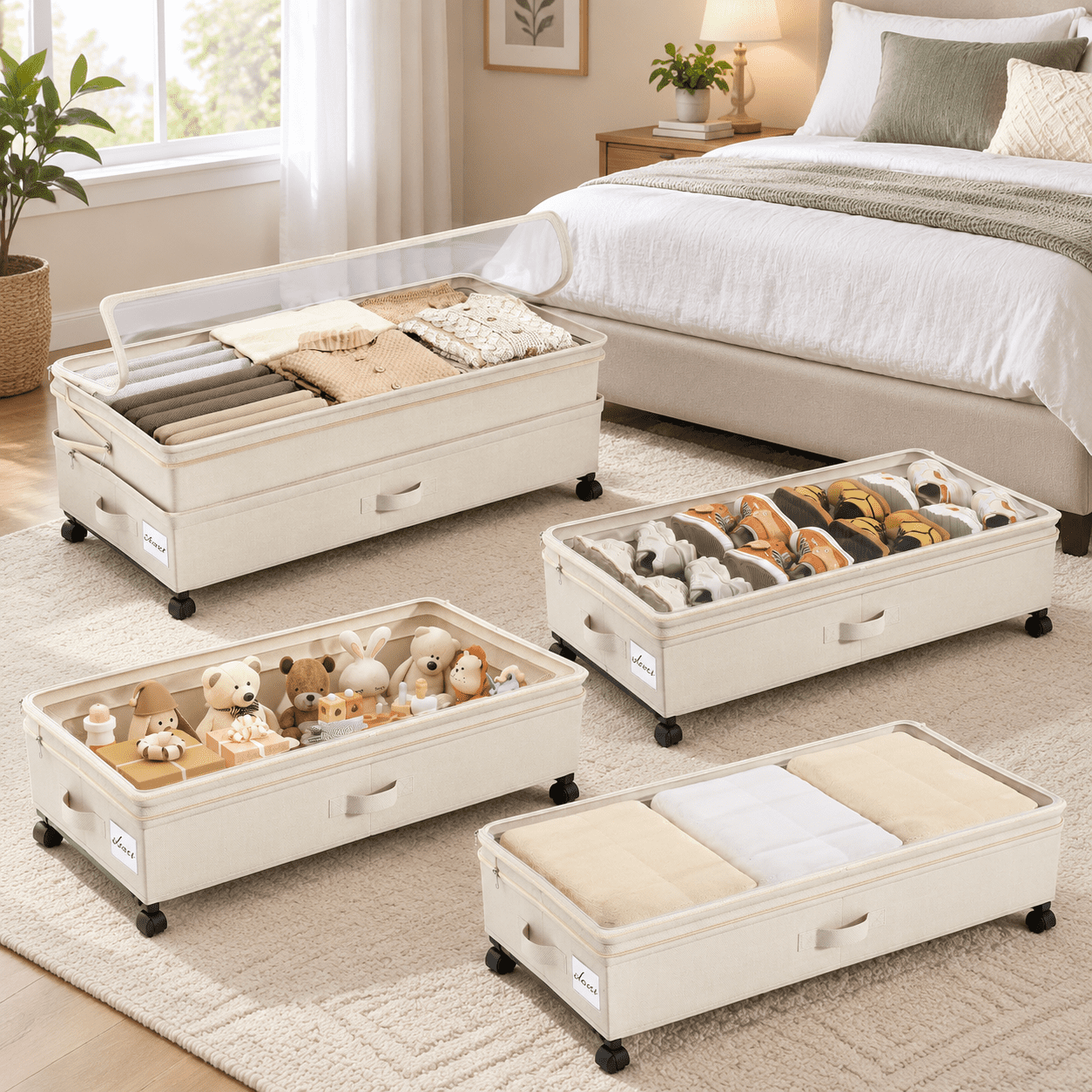 Beige 4 Pack Height-Adjustable Under Bed Storage Containers with Wheels ...