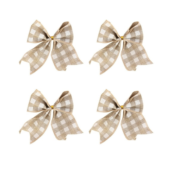 Beige 4-Pack Plaid Christmas Bows, Jute Material Festive Gift Box Decoration And Tree Ornament, Rustic Holiday Decor For Wreaths And Packages