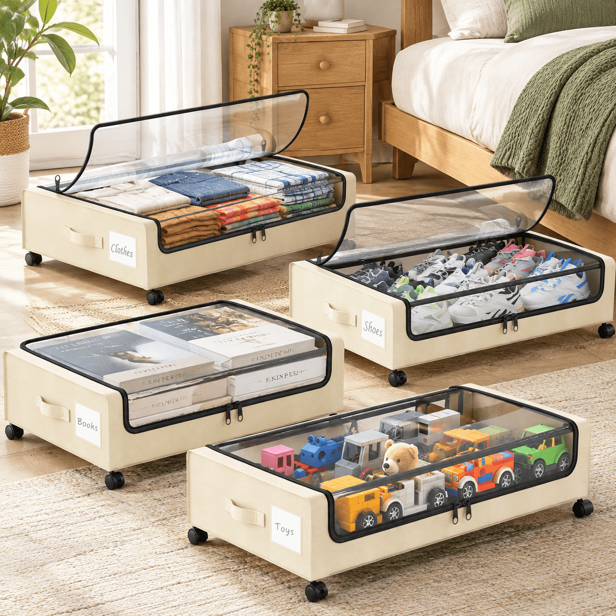 Beige 4 Pack Under Bed Storage Containers with Wheels for Clothes Shoes ...