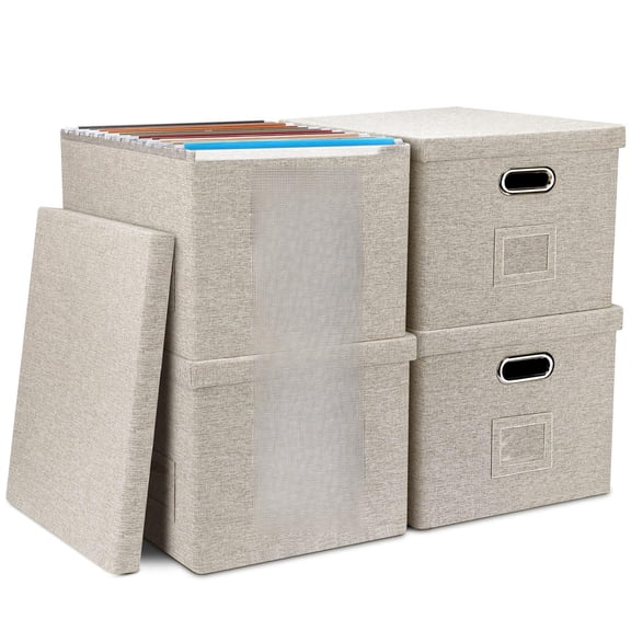 Beige (4-Pack) without Folders Collapsible Linen File Organizer Bin