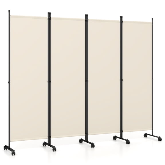 Beige 4-Panel Folding Room Divider with Lockable Rolling Wheels, Breathable Polyester Privacy Partition, Metal Frame Freestanding Screen for Living Room, Office, Restaurant