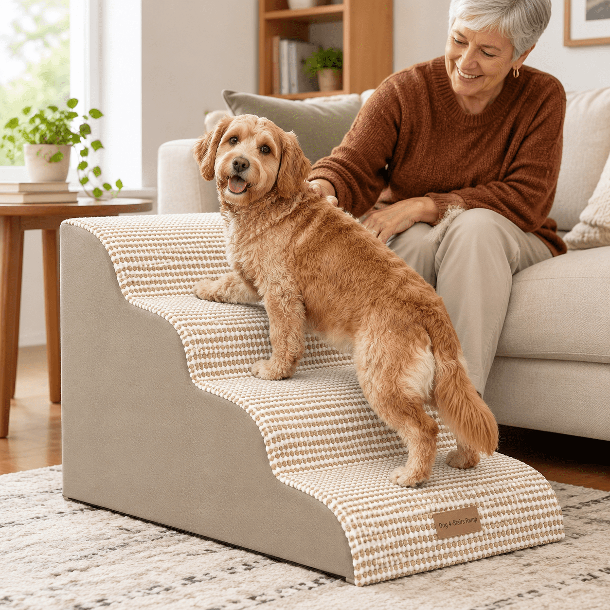 Beige 4-Step Pet Stairs for Beds and High Sofas, Non-Slip Cover, Joint ...