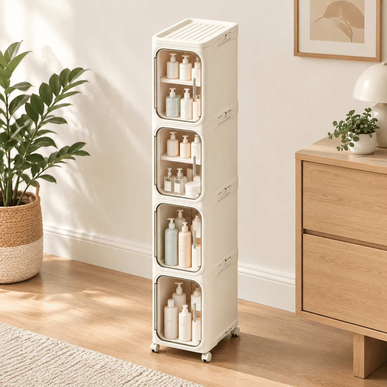Beige 4-Tier Narrow Storage Cabinet, Slim Tall Organizer for Small ...