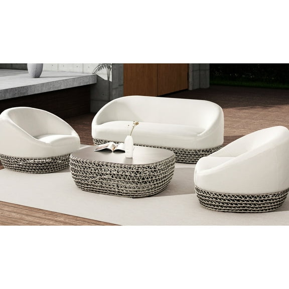 Beige 40.5" Oval Side Table - And Versatile Woven Picnic Strong & Outdoor Fun