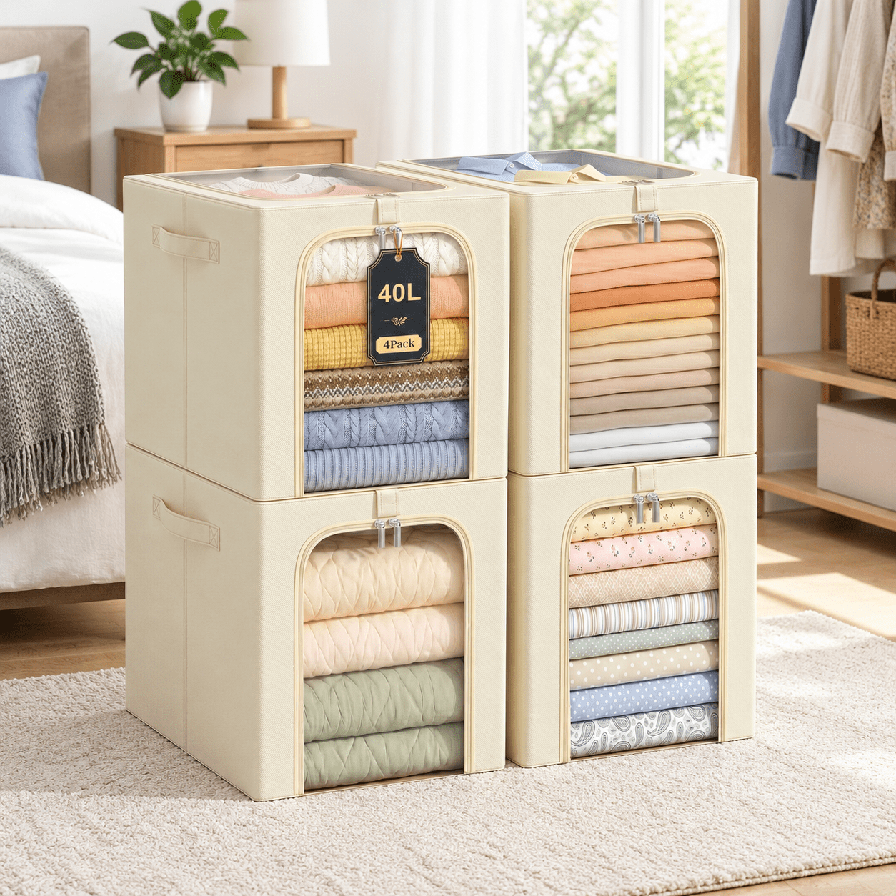 Stackable Storage B Beige 40L 4-Pack Stackable Storage Bins with Metal Frame for Closet ...