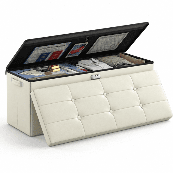 Beige 43"D x 15"W x 15"H Waterproof Storage Ottoman Bench with Lock