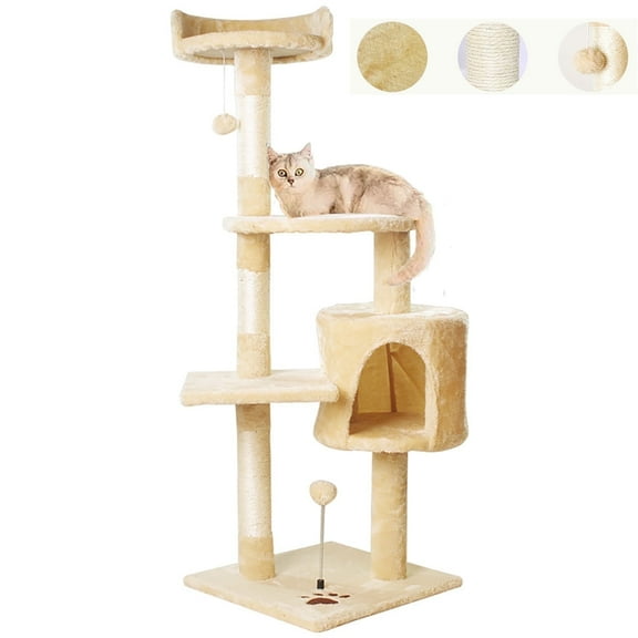 Asunby Beige 46" Cat Tower - Multi-Level Cat Activity Center with Sisal Scratching Posts, Spacious Perches & Interactive Hanging Toys