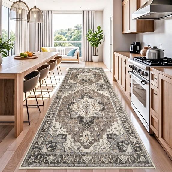 Beige 4x12 Area Runner Rug, Low Pile Soft Indoor Floor Mat for Hallway Entryway Living Room Bedroom