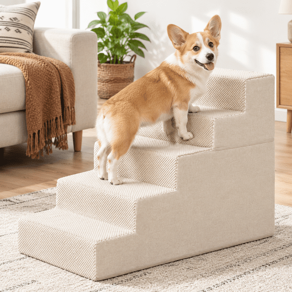 Beige 5.0 Extra Wide 17.7" x 35" x 22.5" Pet Stairs for Bed and Sofa