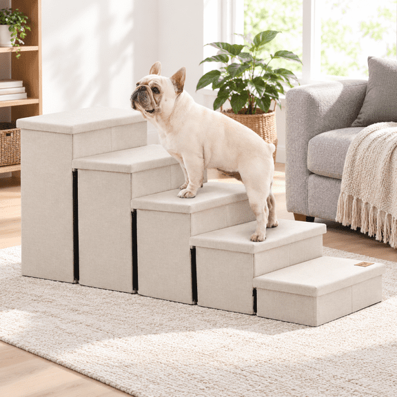 Beige 5 48" X 17" X 22" H Foldable Pet Stairs with Storage for Small Medium Large Dogs and Cats