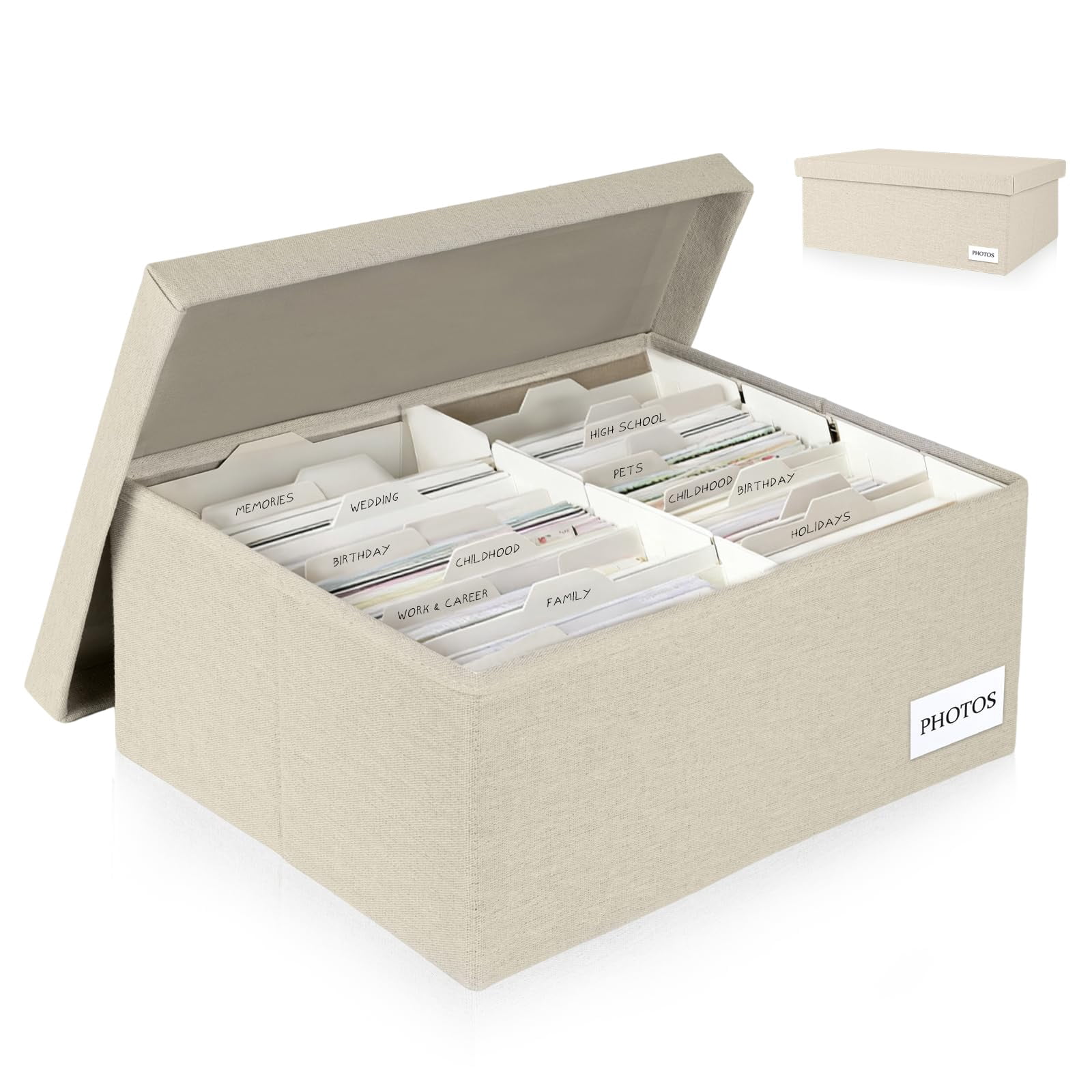 Beige 5*7 Inch Photo Storage Chest Linen Organizer with Dividers