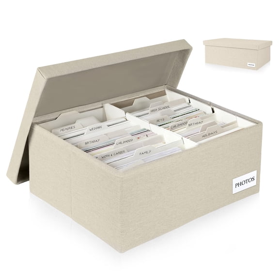 Beige 5*7 Inch Photo Storage Chest Linen Organizer with Dividers