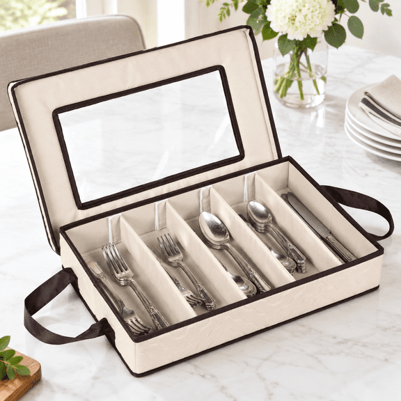 Beige 5-Compartment Flatware Storage Chest with Lid and Handles
