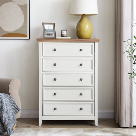 Beige 5 Drawers Cabinet - Dresser Organizer For Clothes Storage In Smooth Pull Metal Handles