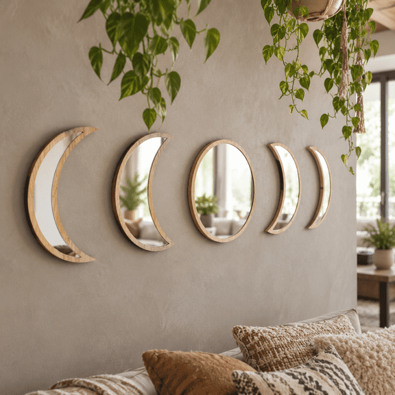 Beige 5-Piece Scandinavian Wooden Moon Phase Wall Mirror Decor Set
