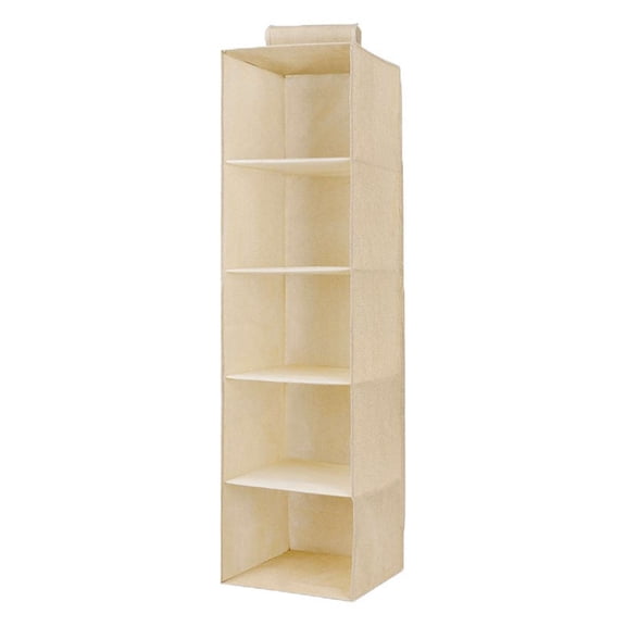 Beige 5 levels Non‑Woven Fabric Hanging Closet Organizer, 3‑Tier 4‑Tier 5‑Tier Hanging Shelf With Reinforced Board For Wardrobe Garment Accessory Storage