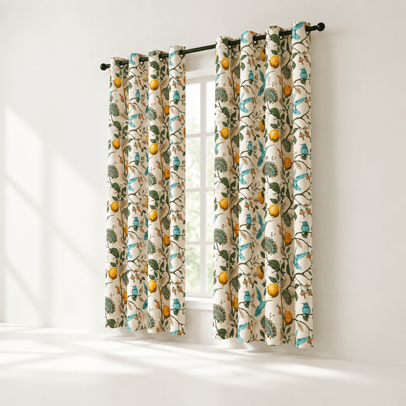 Beige 52"W x 63"L (Pack of 2) Hummingbird Print Farmhouse Window Curtains