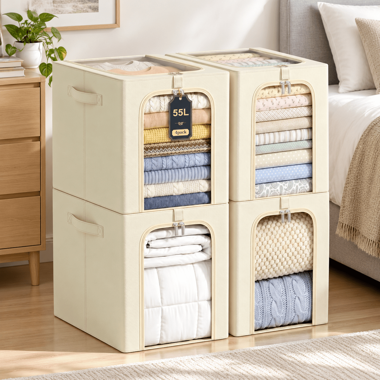 Stackable Storage B Beige 55L 4-Pack Stackable Storage Bins with Metal Frame for Closet ...