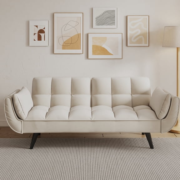 Beige 57 - inch velvet sofa, turns into bed, adjustable postures, perfect for studio relaxation and quick assembly
