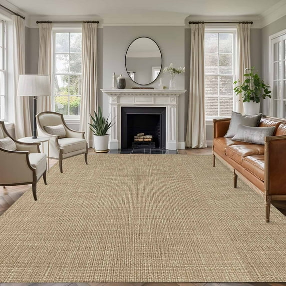 Beige 5x7 Area Rugs, Farmhouse Burlap Solid Brown Color Modern Linen Texture Non-Skid Rubber Backing Large Rectangle Rugs - Living Room Bedroom Home Office, Indoor Floor Mat Carpets Washable Rug