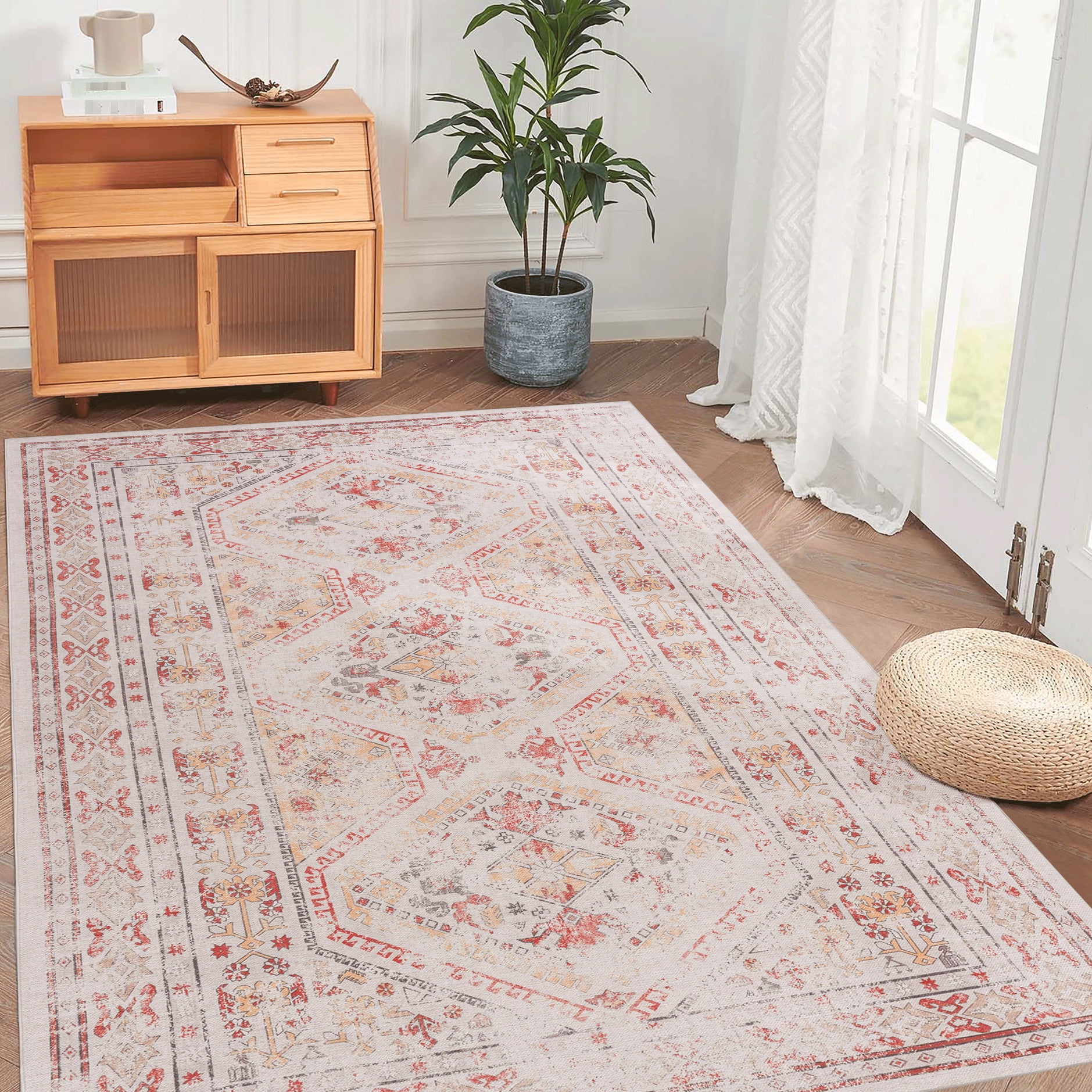 Beige 5x8 Rug, Machine Washable, Non-slip, For Kitchen, Bedroom, Living ...