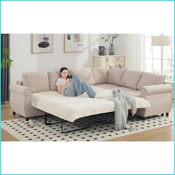 Beige 6-Seater L-Shaped Sleeper Sofa Bed | Polyester Upholstery | Wood+Metal Frame | Living Room Cushion Back Couch {Variable.Color - }; Beige; Wood+Metal; Polyester; Cushion Back