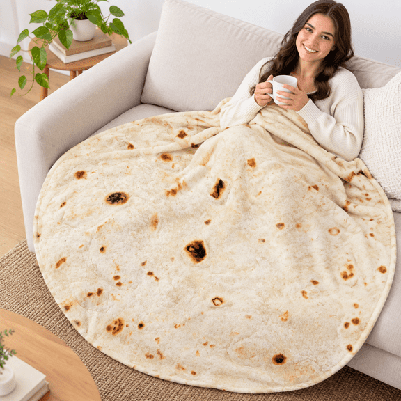 Beige 60 Inch Round Soft Flannel Burrito Tortilla Throw Blanket
