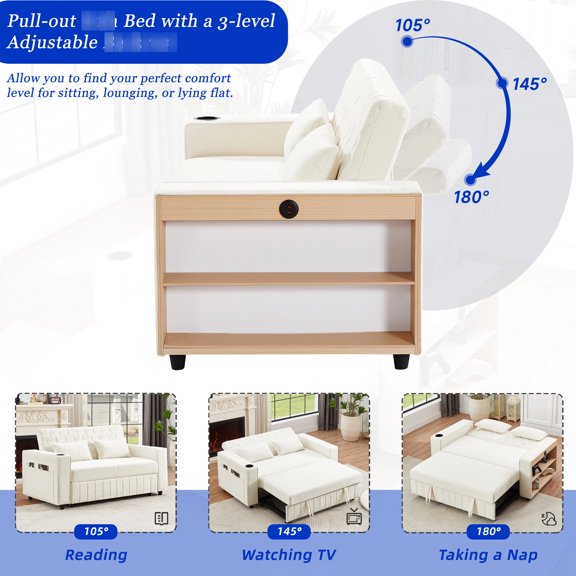 Beige 61.4" Sleeper With Square & Cup Holders Modern Side Storage, 61.4
