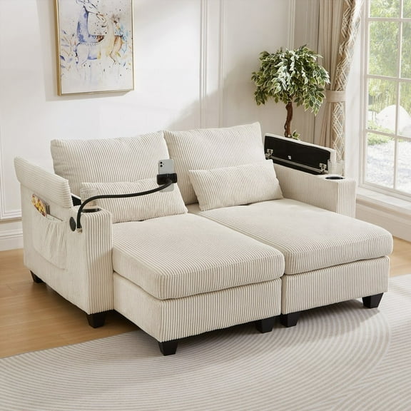 Beige 63" Sofa - Convertible with USB, Storage & Multi-Functional Armrests