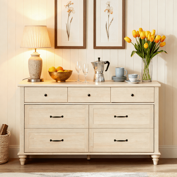 Beige 7 Drawer Dresser for Bedroom, Farmhouse Wooden Chest of Drawers Kids Dressers for Living Room