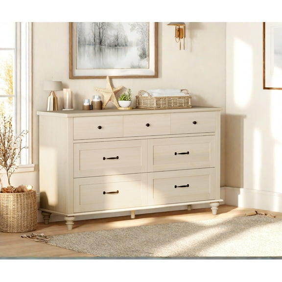 Beige 7 Drawer Dresser for Bedroom, Wooden Chest of Drawers for Living Room