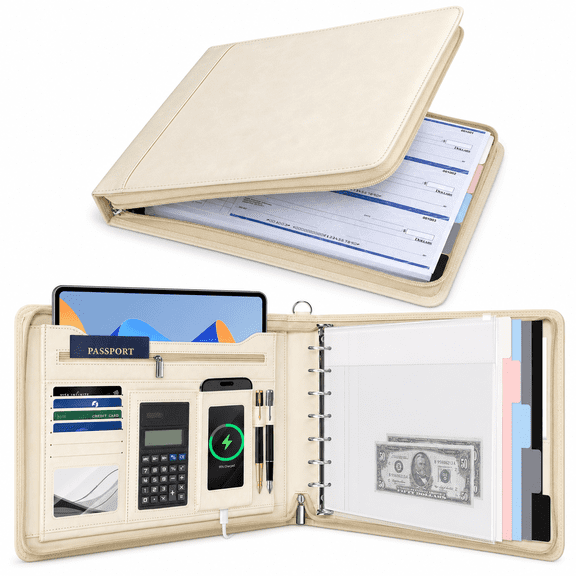 Beige 7 Ring Zippered Check Binder 1 Inch Faux Leather Professional Organizer