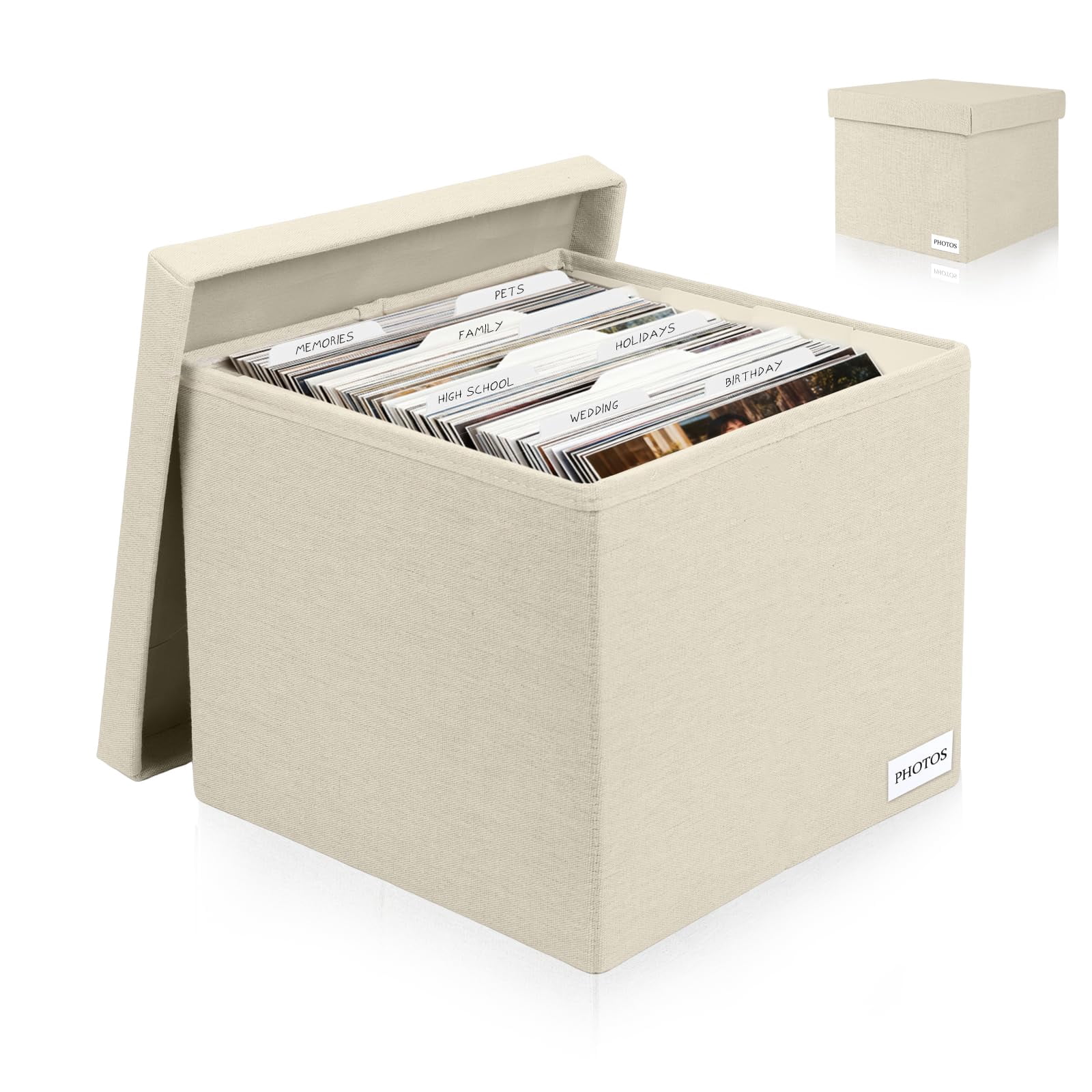 Beige 8*10 Inch Linen Photo Storage Box With Dividers