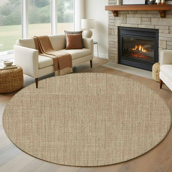 Beige 8ft Round Rug, Farmhouse Burlap Solid Brown Color Modern Linen Texture Non-Skid Rubber Backing Large Area Rugs - Living Room Bedroom Home Office, Indoor Floor Mat Carpets Washable Rug