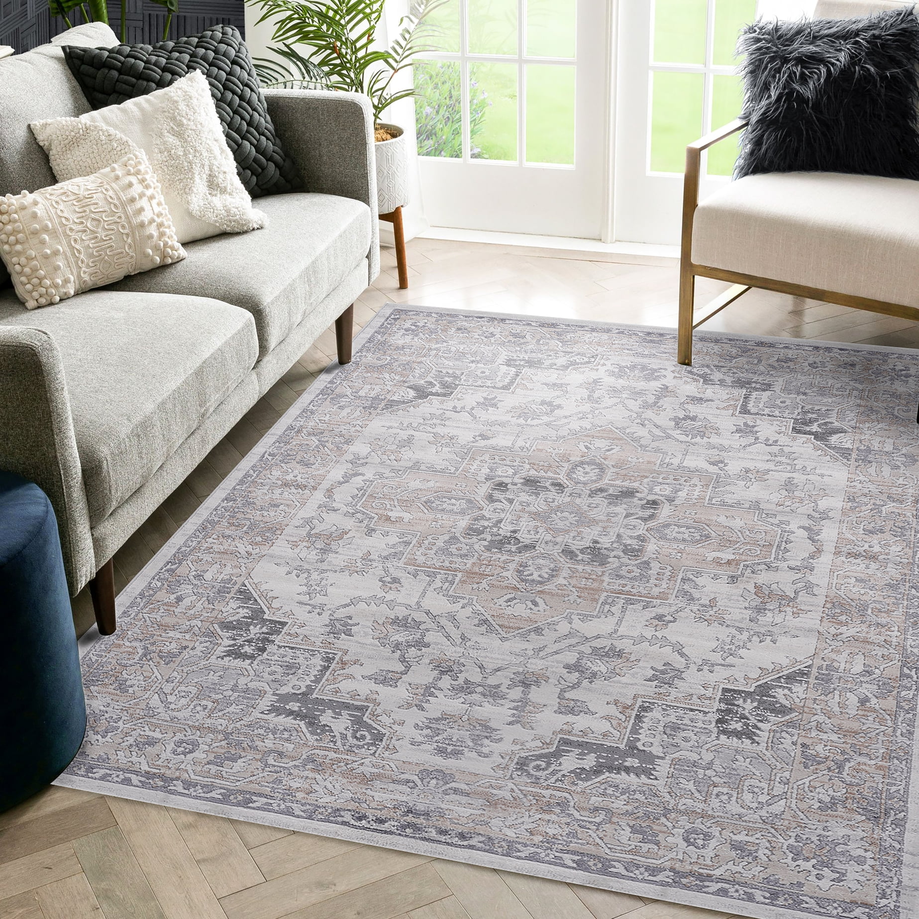 Beige 8x10 Area Rug Stain Non-shedding, Suits Entryway