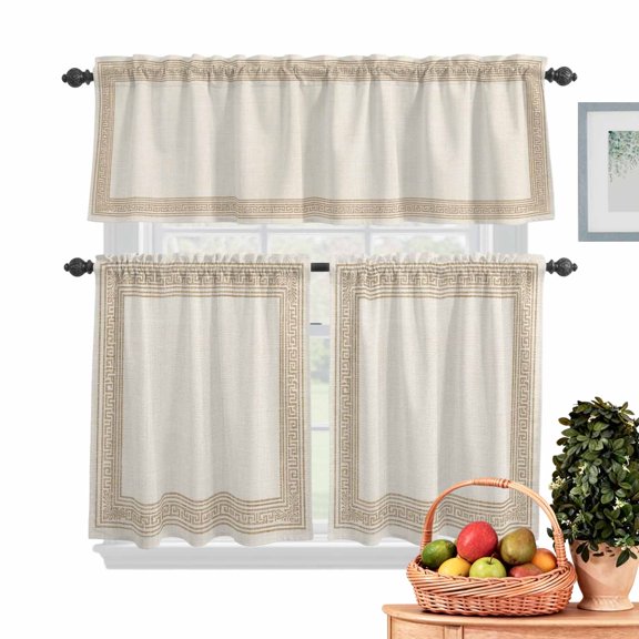 Beige Abstract Art Kitchen Curtains Valances 3 Piece Set, Vintage Linen Geometric Brown Greek Key Rod Pocket Tier Curtain and Valance Drapes for Small Window 24 Inch Length for Bedroom Cafe