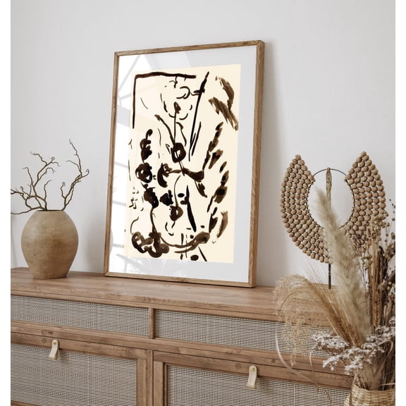 Beige Abstract Art Poster: Minimalist Ink Line Drawing, Unframed Canvas Size 16x24
