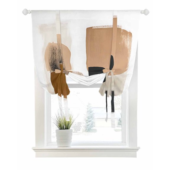 Beige Abstract Art Tie Up Curtains for Window, Thermal Insulated Balloon Shade Adjustable Rod Pocket Curtains Valance Panels for Kitchen Bathroom Cafe 46 x 63 Geometric Contemporary Luxury