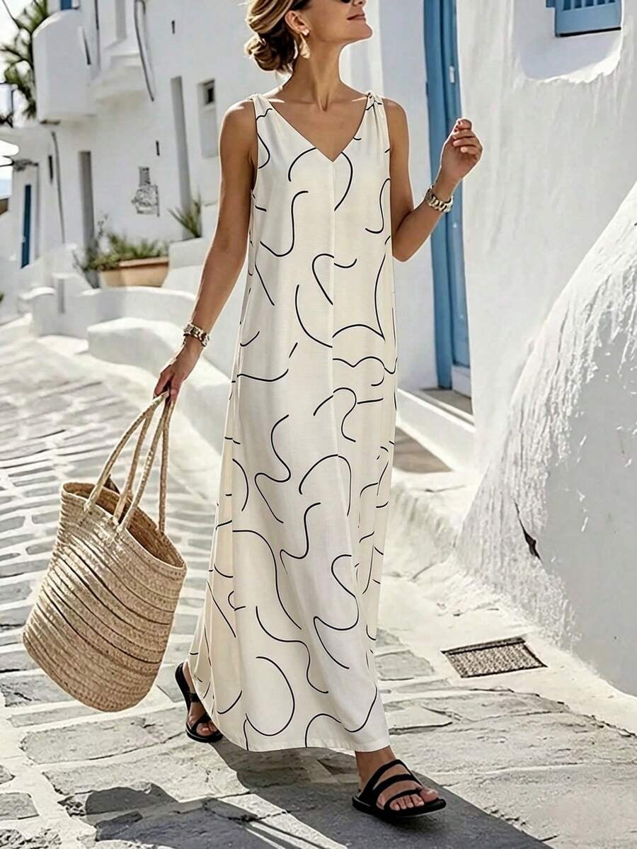 Beige Abstract Line Loose Maxi Dress With V-Neck Sleeveless Resort ...