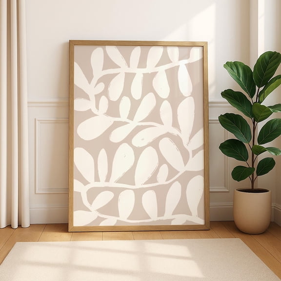 Beige Abstract Wall Art, Modern Leaf Silhouette, Neutral Minimalist Decor For Living Room, Boho Coastal Print Home Decor #4084, Unframed Poster Size 8x12