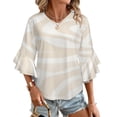 thumbnail image 1 of Beige Abstract Wavy Pattern Design Women's V-Neck Blouse With 3/4 Ruffled Bell Sleeves Casual Top Ladies Blouses, 1 of 7