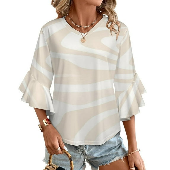 Beige Abstract Wavy Pattern Design Women's V-Neck Blouse With 3/4 Ruffled Bell Sleeves Casual Top Ladies Blouses