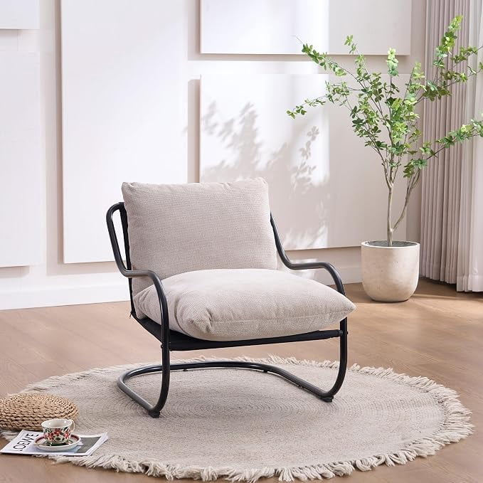 Beige Accent Chair, Modern Upholstered Chair with Cotton Fabric Cushion & Sturdy Metal Frame, Comfy Accent Chair for Living Room, Bedroom, Balcony, Small Reading Chair