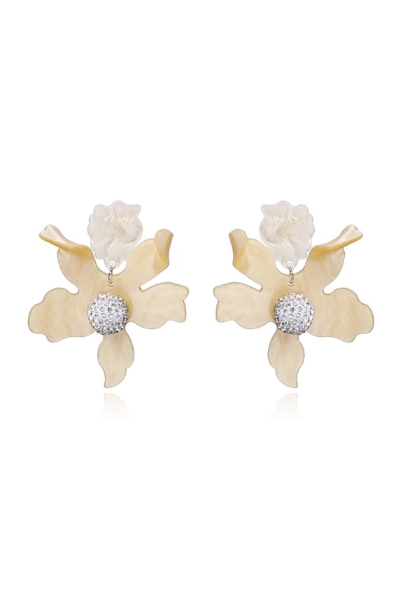 Beige Acrylic Big Flowers Dangle Statement Earrings for Women Chic CZ Floral Bud Dangling Drop Earring