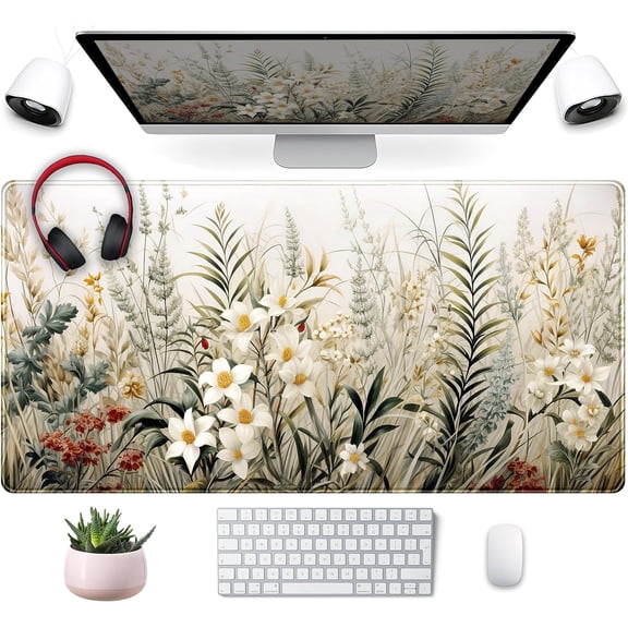 Beige Aesthetic Sage Desk Mat Cute Watercolor Flowers Mouse Pad Desk Pad, XXL Large Extended Gaming Anime Mousepad Big Keyboard Mouse Mat, Home Office Desktop Decor Deskpad for Women 31.5x15.75 in