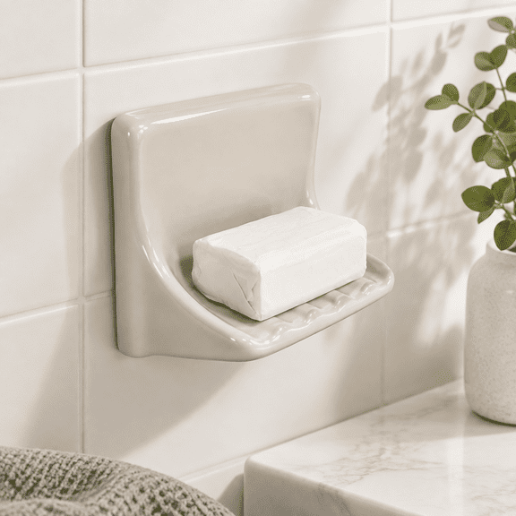 Beige Almond Ceramic Soap Dish, Mid Century Modern Retro Shower Tray for Tile Installation