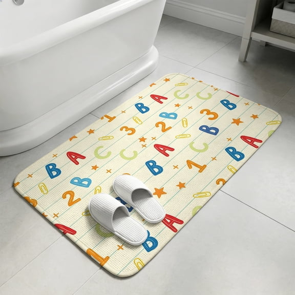 Beige Alphabet Letters Bathroom Rugs Non Slip Washable Bath Mat Absorbent Low Pile Front Door Mat Modern Art Playful Numbers Indoor Doormat for Kitchen Entryway Shower Decor Accessories 15.7"x23.6"