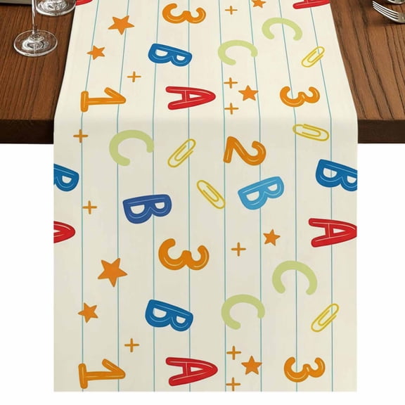 Beige Alphabet Letters Burlap Cotton Table Runner 13x48 Inches Long, Modern Art Playful Numbers Farmhouse Table Runners, Outdoor Dining Tablecloths Decor for Baby Shower/Party/Wedding