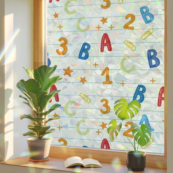 Beige Alphabet Letters Window Privacy Film Rainbow Static Cling Stain Glass Window Film for Glass Door, Decorative UV Blocking Sunroof Decal Sticker for Car 17.7"x39.3" Modern Art Playful Numbers